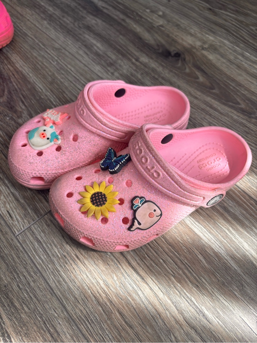 CROCS Kids Pink Glitter Slip-On Clogs with Sunflower & Character Charms
